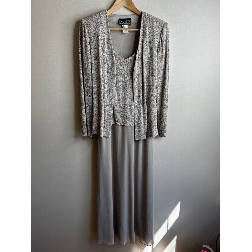 Alex‎ Evenings Two Piece Jacket Maxi Dress Size Champagne Glitter Paisley